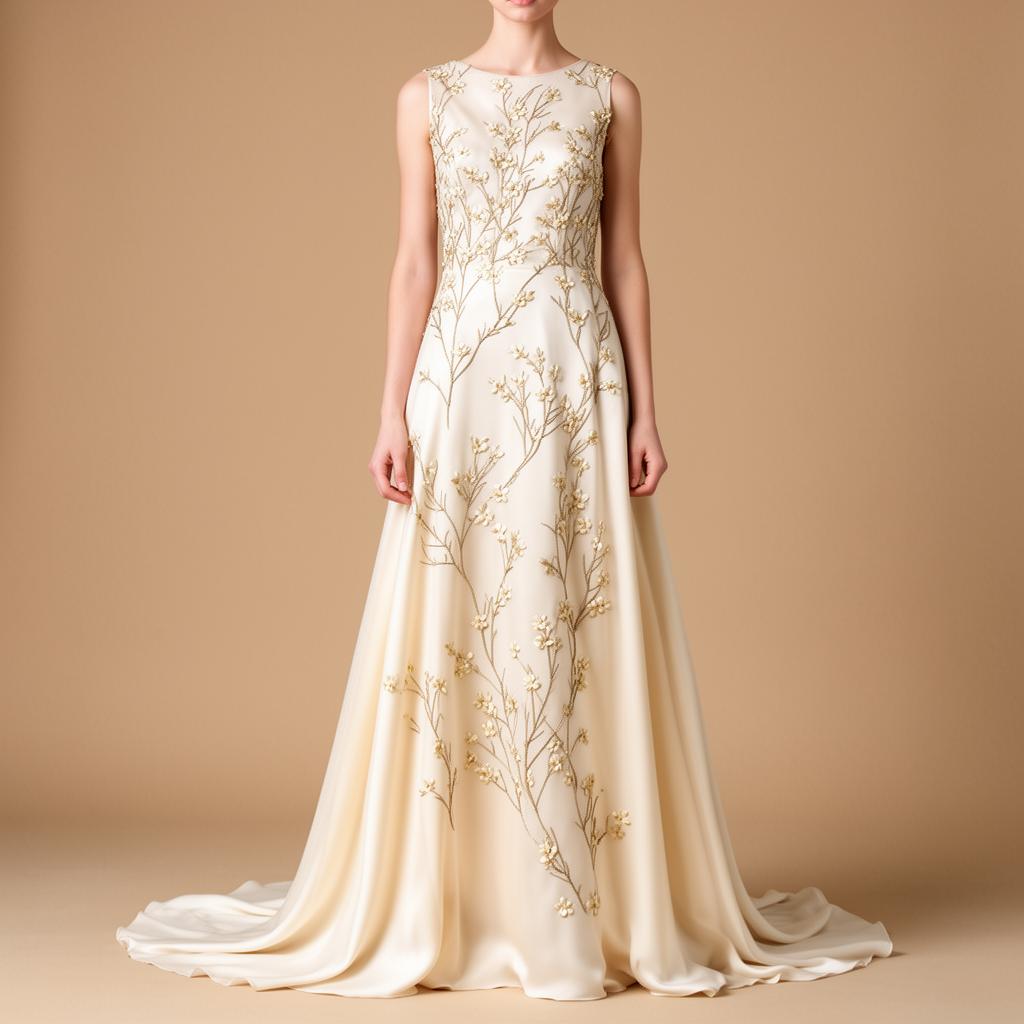Robe Aïma — Soie ivoire brodée de fines branches dorées.