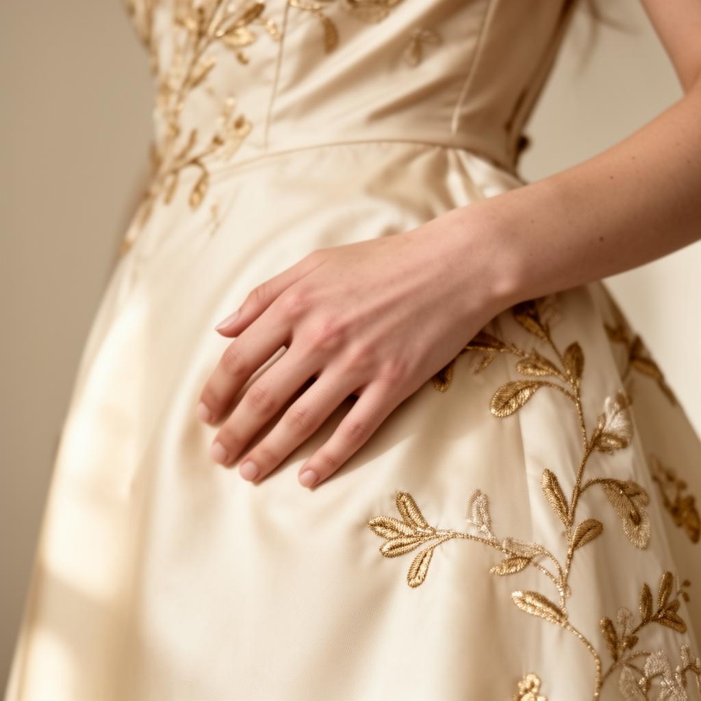 Main reposant sur une robe brodée